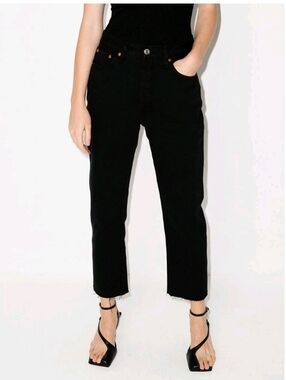 RE/DONE 70s Stove Pipe Jeans Black High Rise Straight Crop Raw Hem Size 30